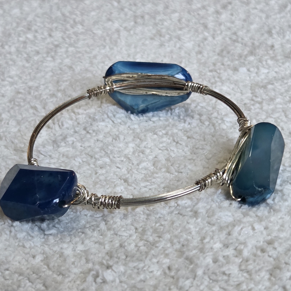 Silver Tone Wire Wrapped Blue Stone Bangle Bracelet